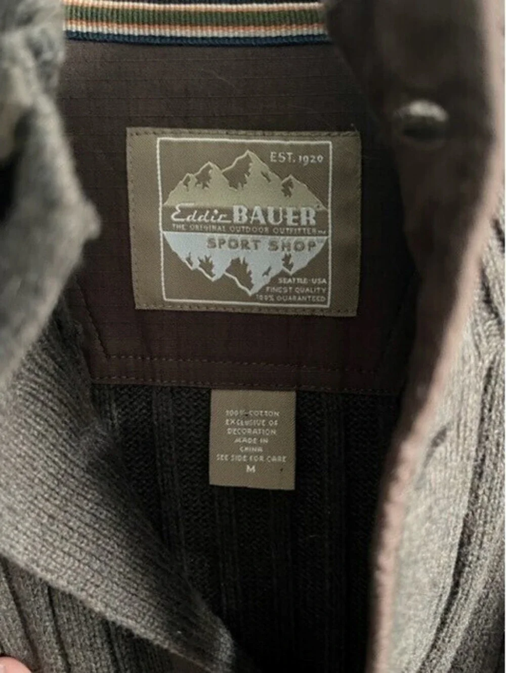 Eddie Bauer Sport Shop Sweater 1/4 Button Ribbed Mens M Dark Brown Mock Neck EUC